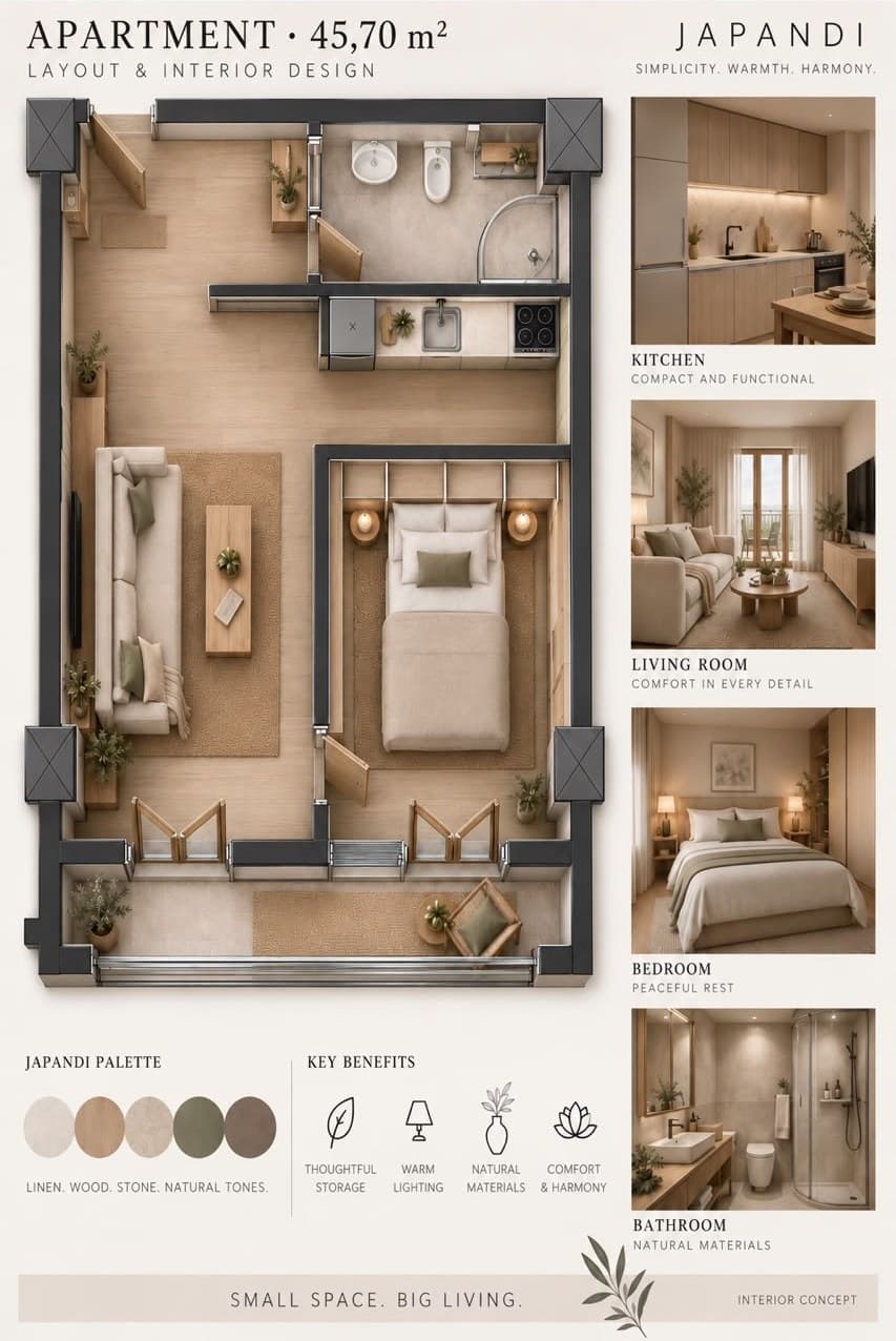 Парнаваз 65 — планировка квартиры 45,7 м² и концепция интерьера