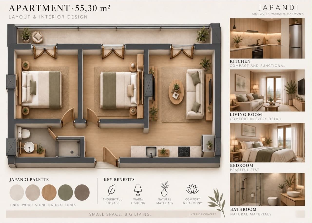 Парнаваз 65 — планировка квартиры 55,3 м² и концепция интерьера
